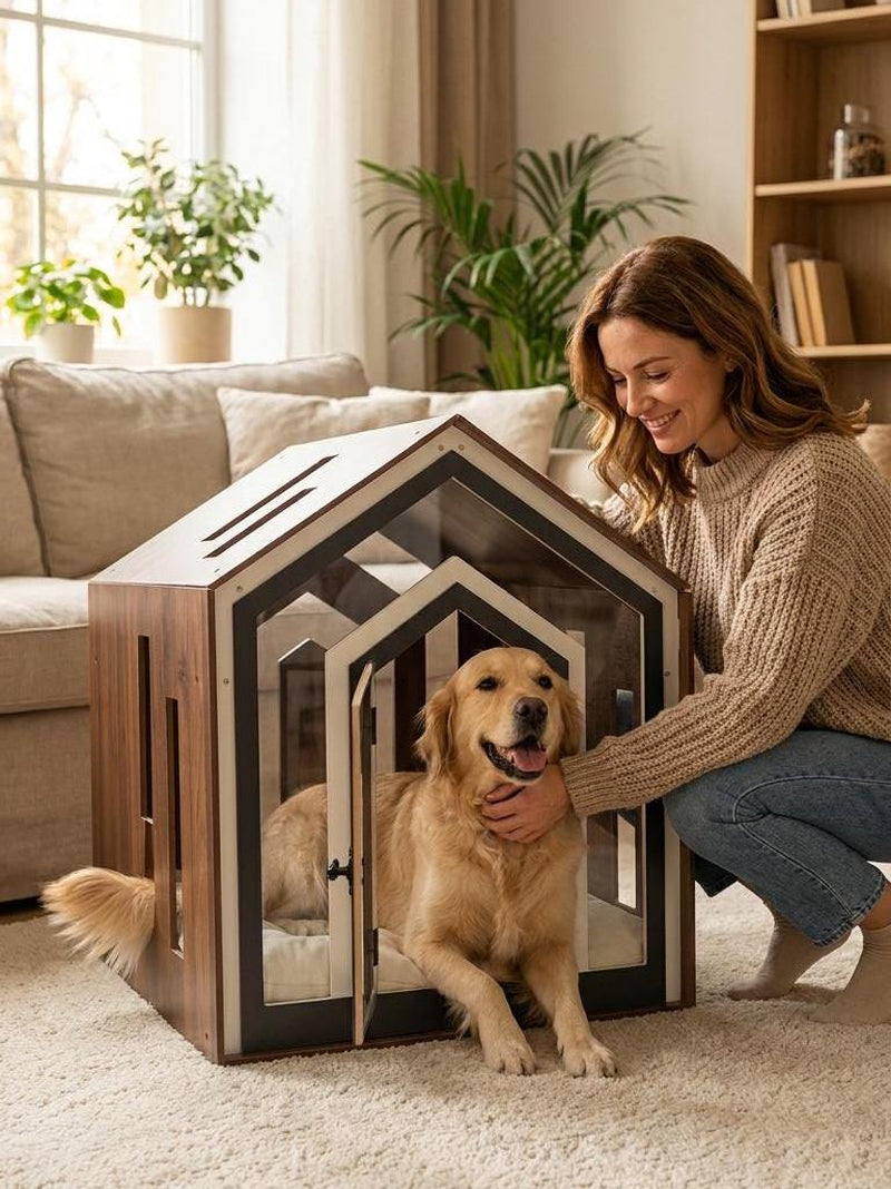 Modern Wooden Dog Crate Furniture – Indoor Dog House Bed with Cushion
