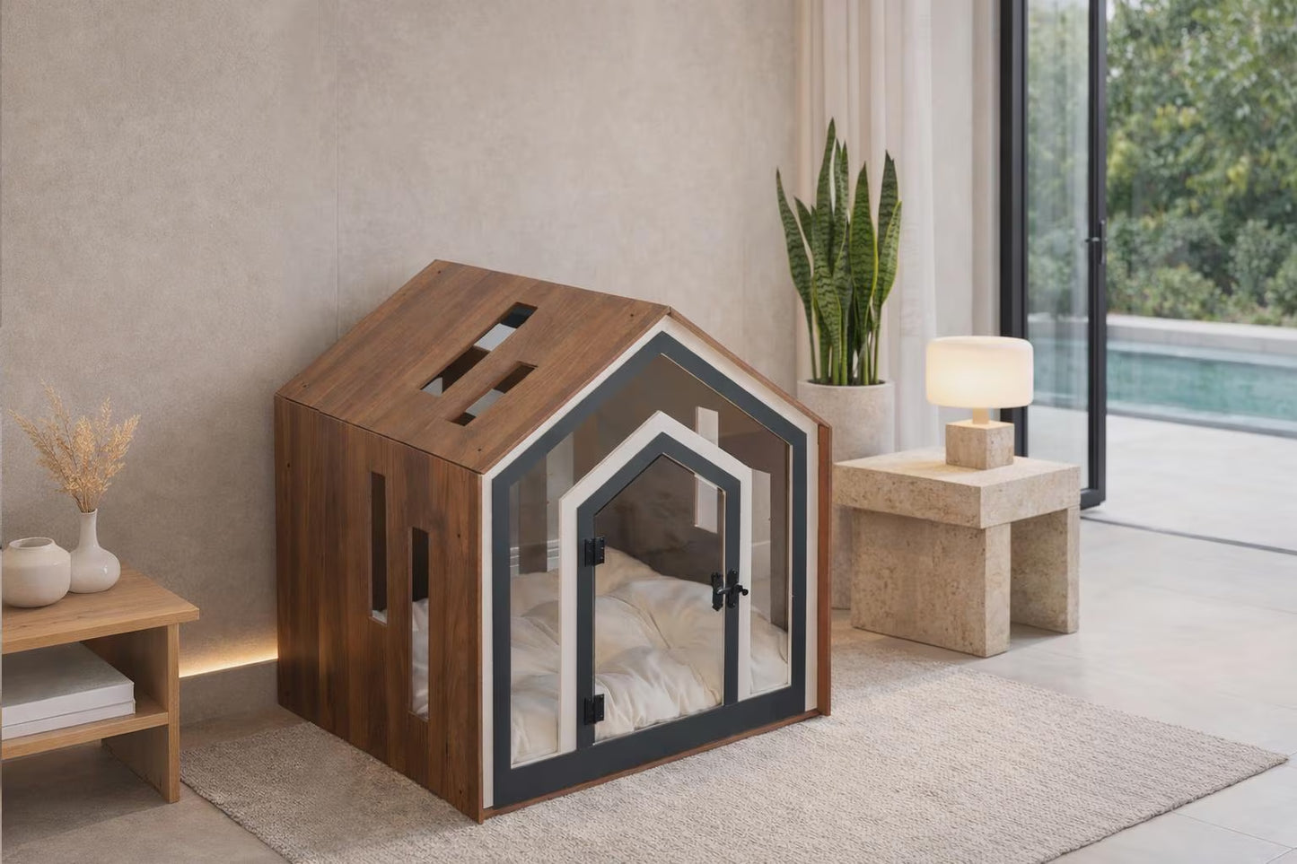Modern Wooden Dog Crate Furniture – Indoor Dog House Bed with Cushion