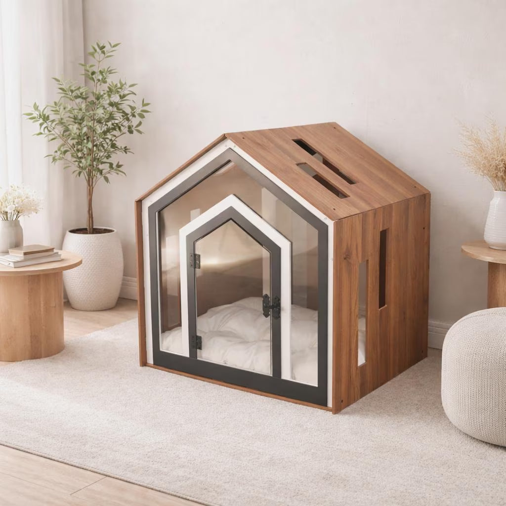 Modern Wooden Dog Crate Furniture – Indoor Dog House Bed with Cushion