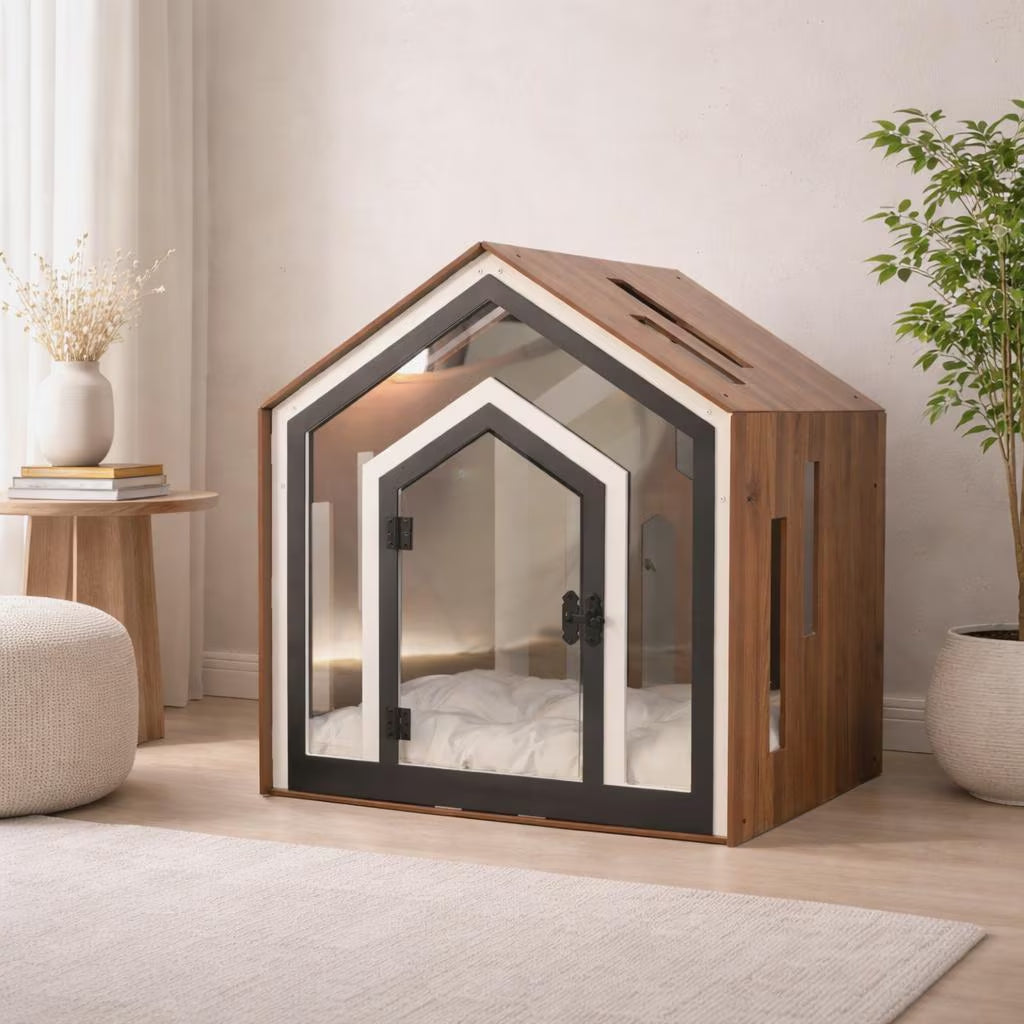 Modern Wooden Dog Crate Furniture – Indoor Dog House Bed with Cushion