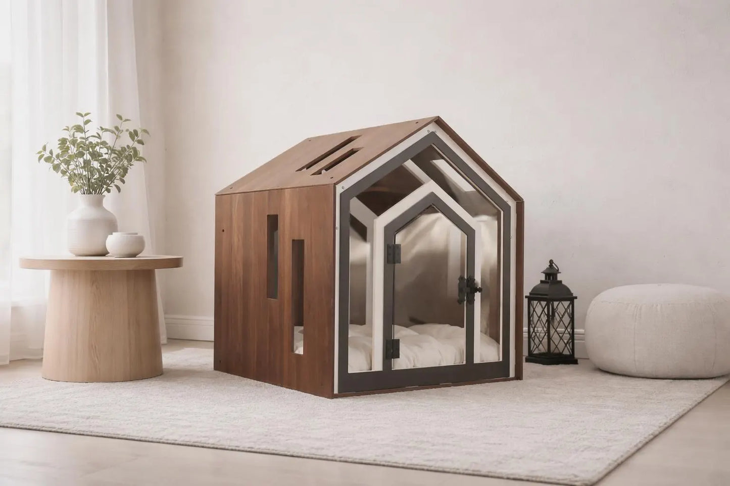Modern Wooden Dog Crate Furniture – Indoor Dog House Bed with Cushion