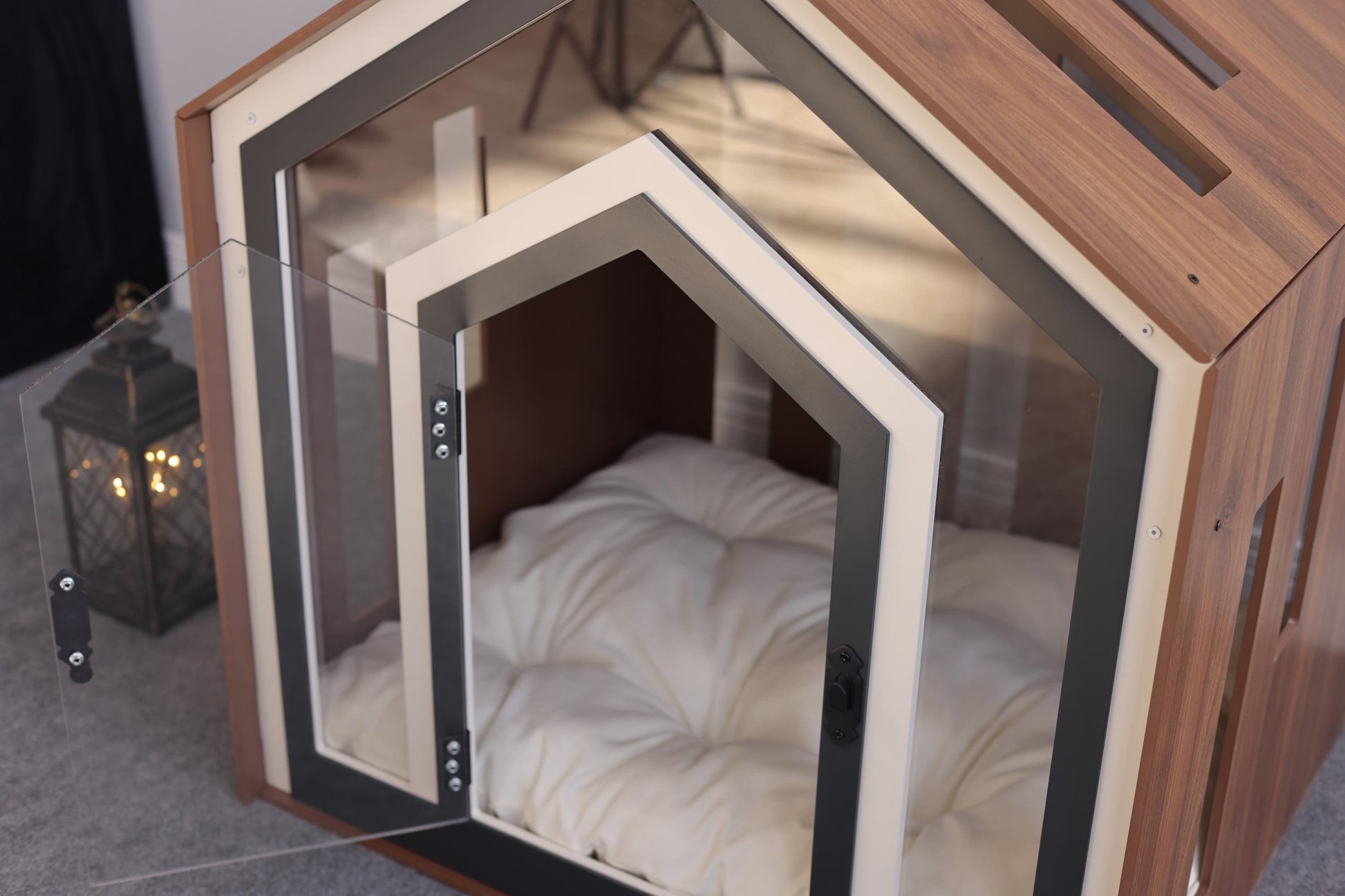 Modern Wooden Dog Crate Furniture – Indoor Dog House Bed with Cushion